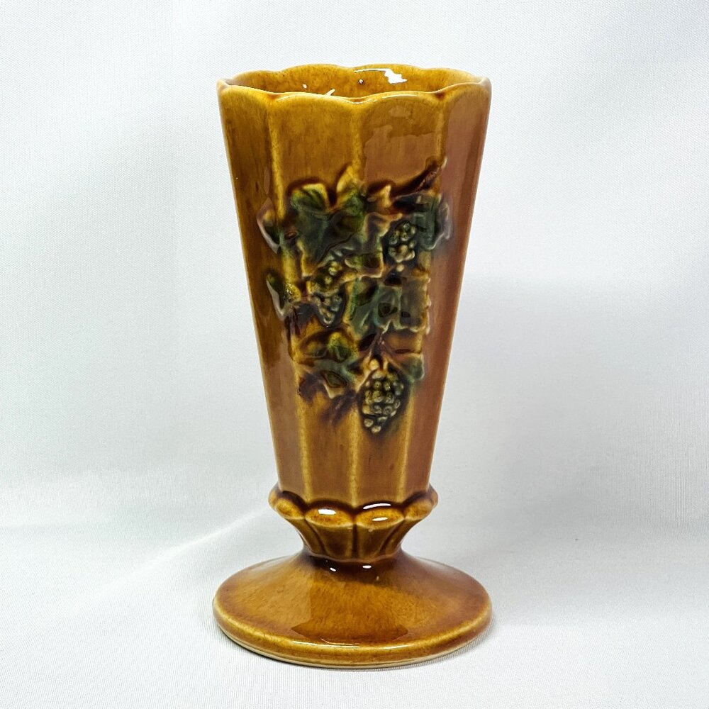 McCoy Pottery Pedestal Vase #1605 Mid Century Modern Pottery Embossed Grapes 7"